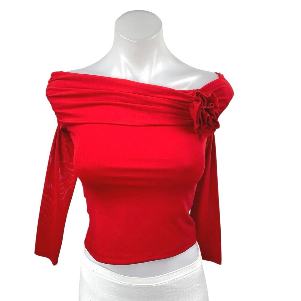 NA-KD Women' Red Off Shoulder 3/4 Sleeve Flower Bow Crop Blouse Top Size XS
